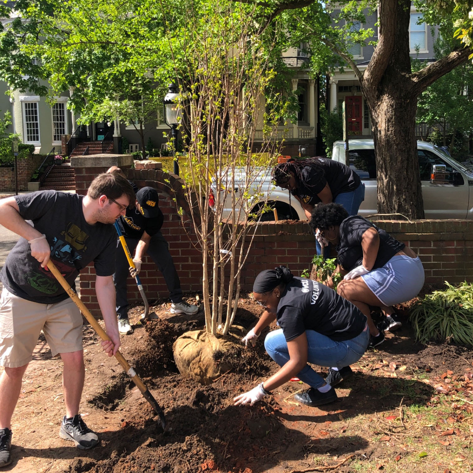 Five students in a Richmond neighborhood planting a tree
